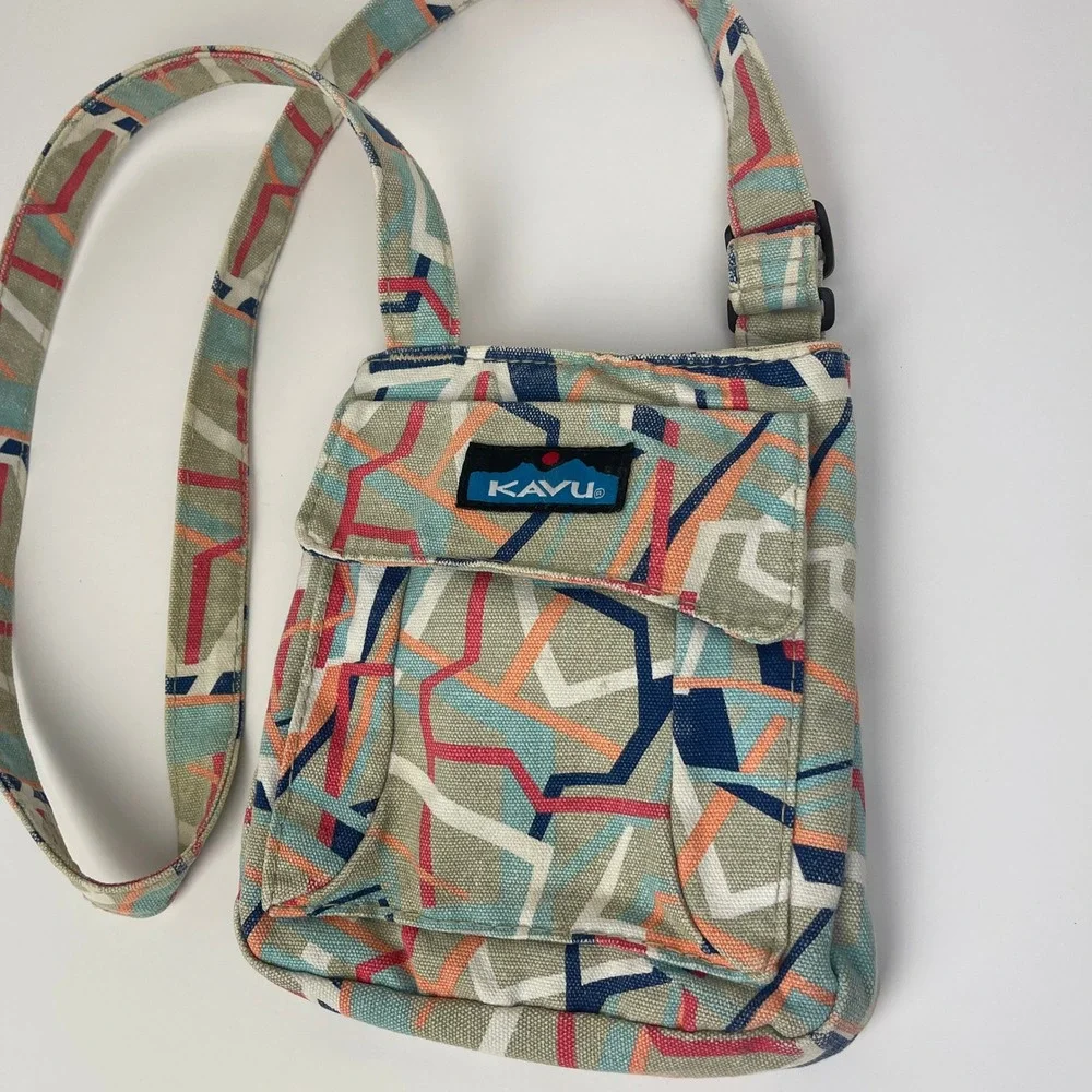 KAVU Crossbody Bag Womens OS Keeper Multi Geometric Canvas EUC